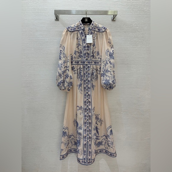 Zimmermann Dresses & Skirts - Zimmermann Beige Dress with Blue Floral Embroidery